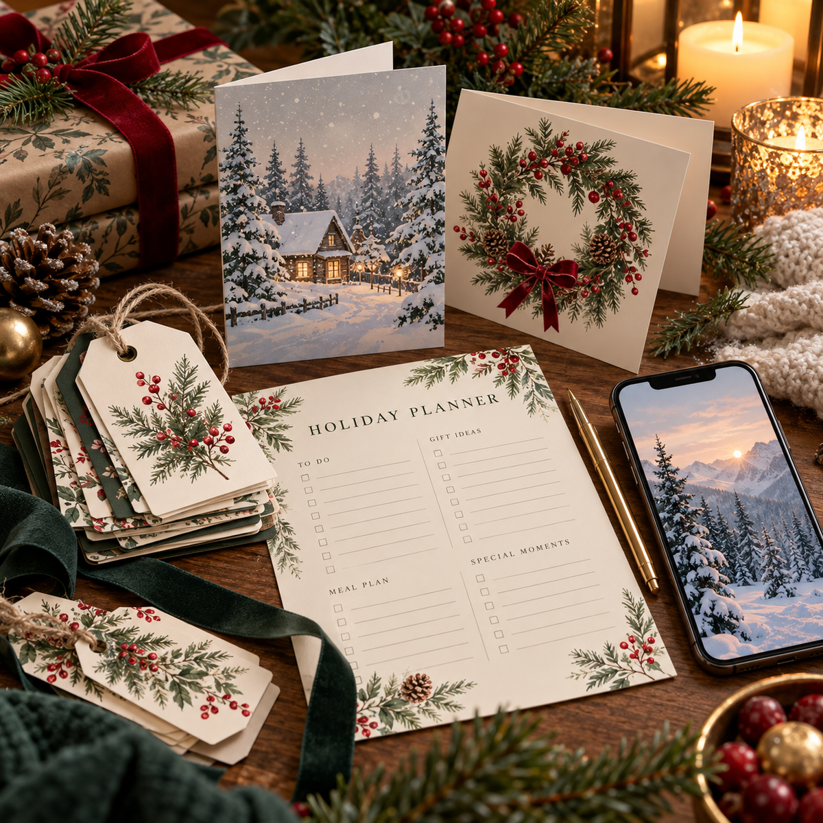 Lune Christmas printables bundle: gift tags, cards, holiday planner and winter wallpapers