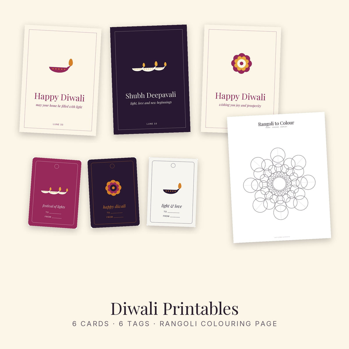 Printable Diwali cards and gift tags with diyas and rangoli