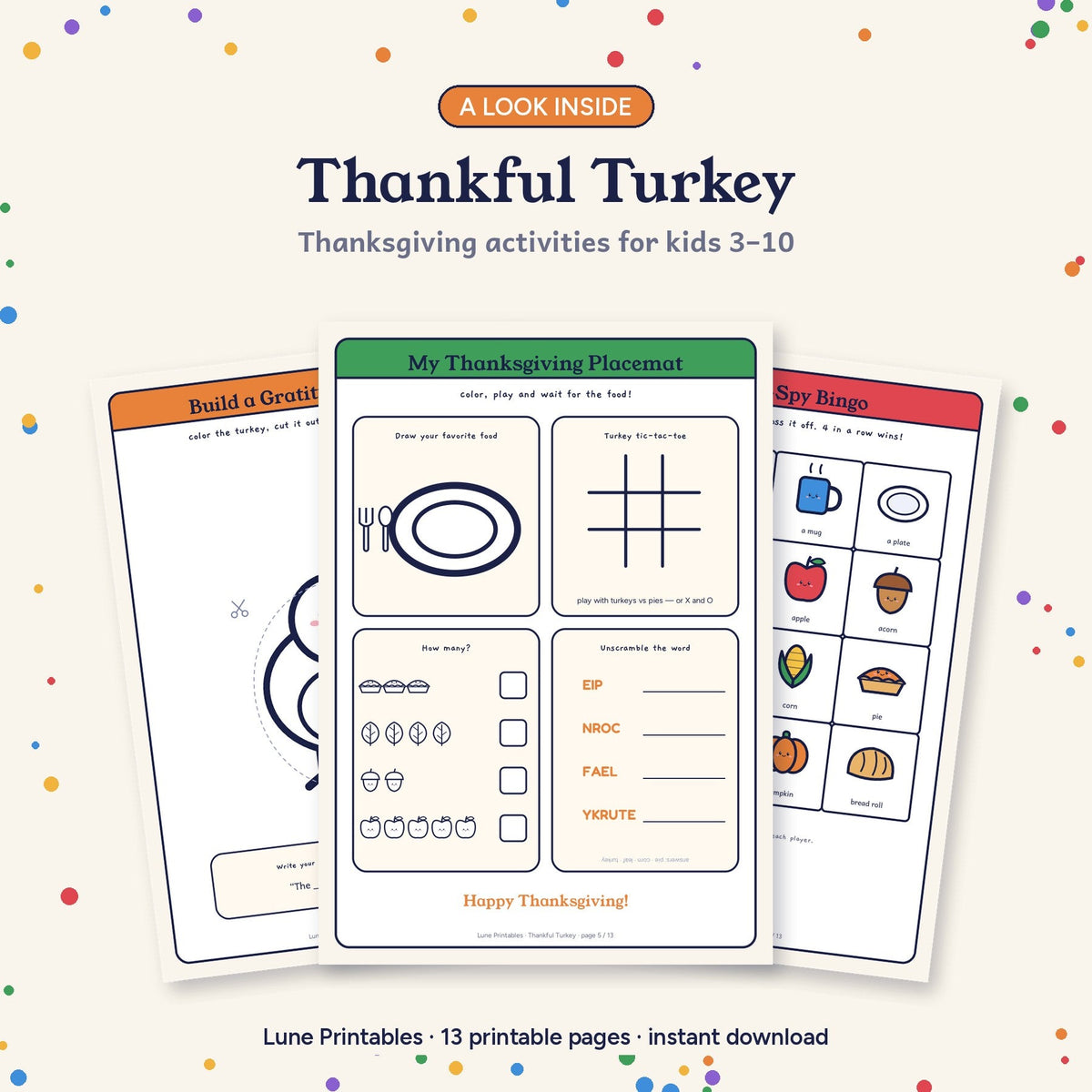 Thanksgiving activity pages for kids with gratitude turkey craft