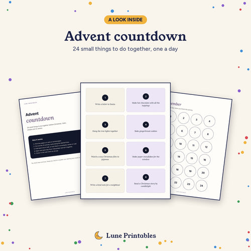 A look inside the printable advent countdown: the how-to page, activity cards 1 to 8 and the Our December wall chart