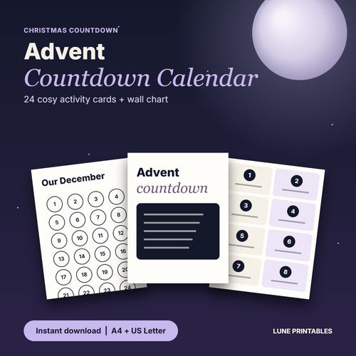 Printable advent countdown: numbered activity cards and Our December wall chart