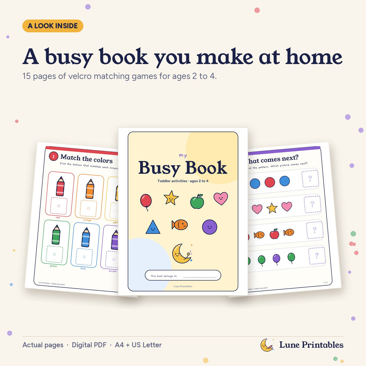 Toddler Busy Book overview showing the cover, matching colors and pattern activities. Fifteen PDF pages for ages two to four.