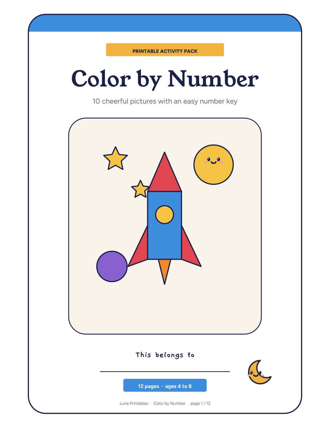 Color by Number cover: 10 printable color by number pictures for kids ages 4 to 8, with a colored-in rocket example