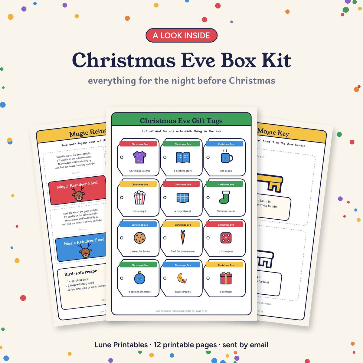 A look inside the Christmas Eve Box Kit: reindeer food toppers, gift tags and Santa's magic key