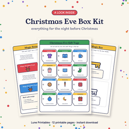 A look inside the Christmas Eve Box Kit: reindeer food toppers, gift tags and Santa's magic key