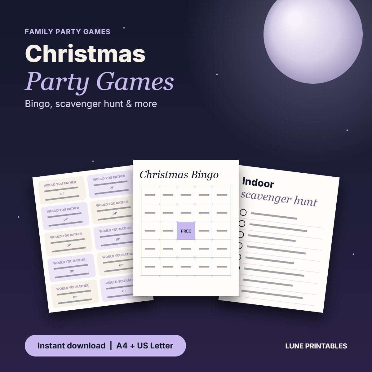 Printable Christmas bingo card, scavenger hunt and would you rather cards