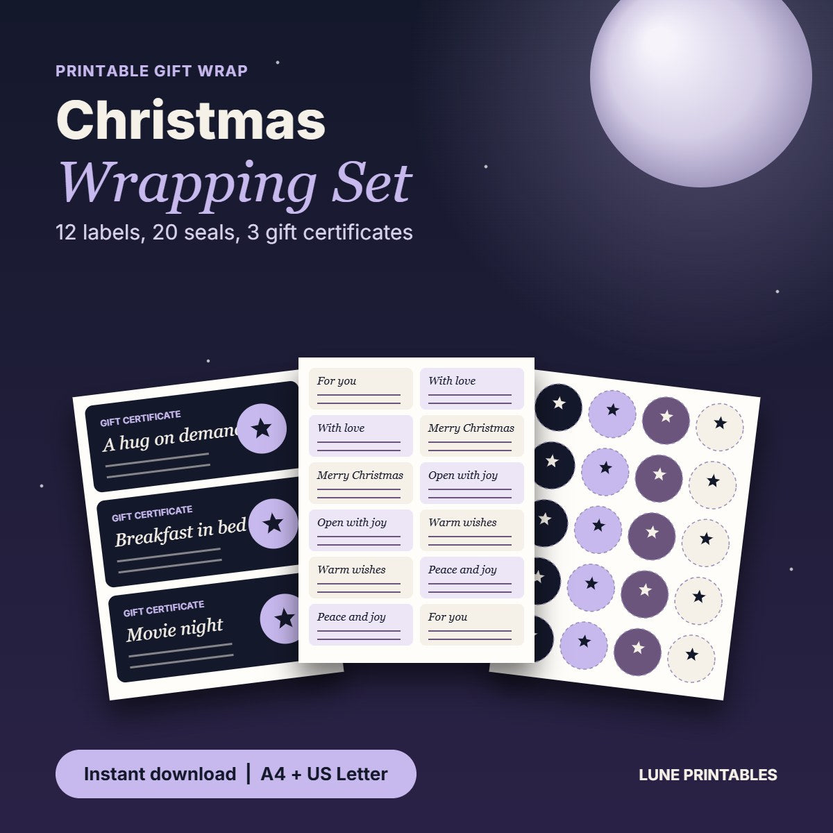 Printable Christmas gift labels, round seals and gift certificates