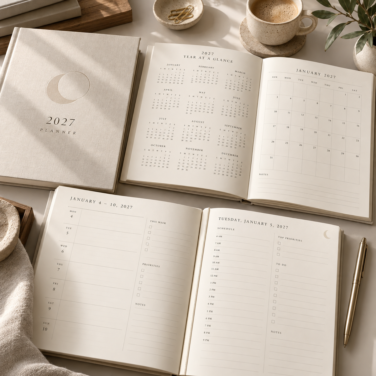 3D mockup of Lune 2027 yearly, monthly and weekly planner pages