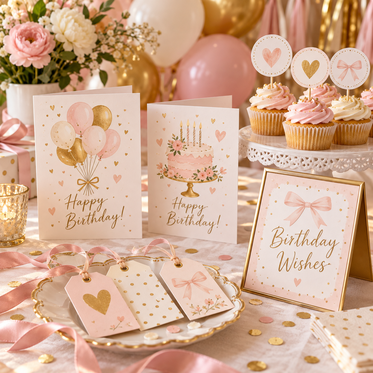 3D mockup of birthday printable cards, tags, cupcake toppers and sign