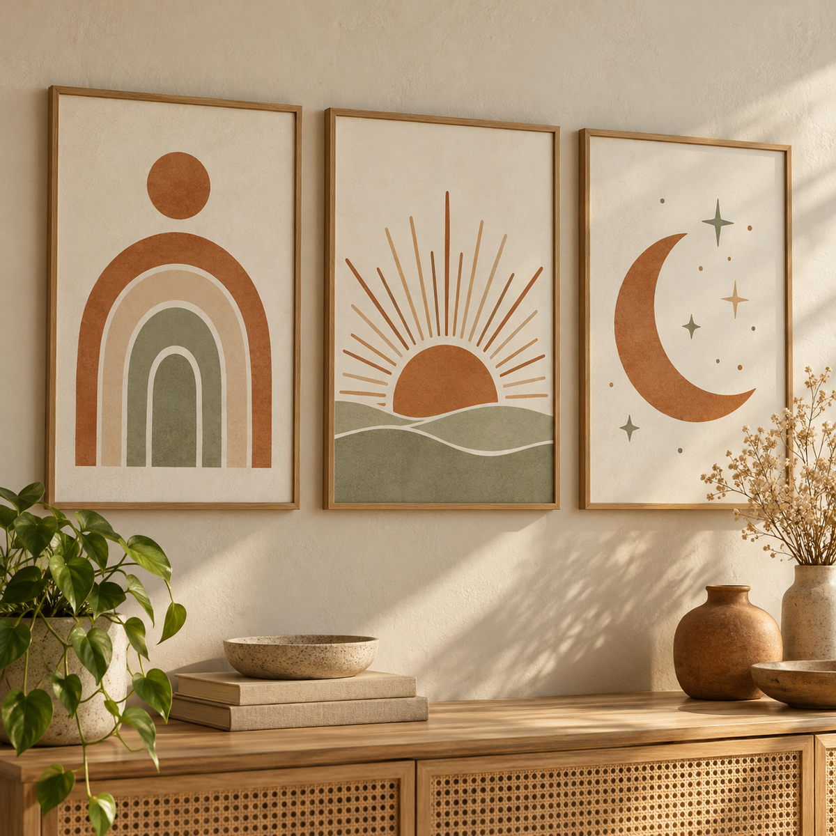 3D mockup of printable boho sun and moon wall art