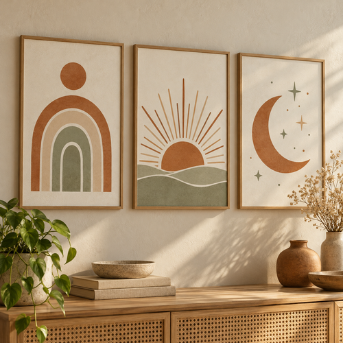 3D mockup of printable boho sun and moon wall art