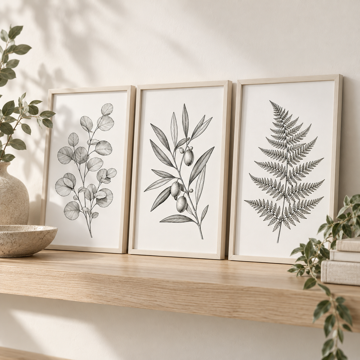 3D mockup of three printable botanical line-art prints