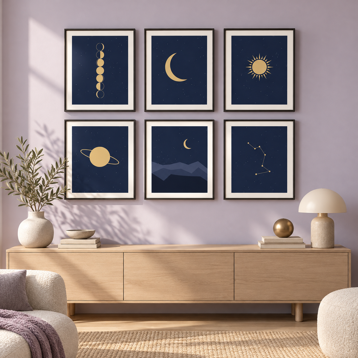 3D mockup of the six printable celestial moon prints
