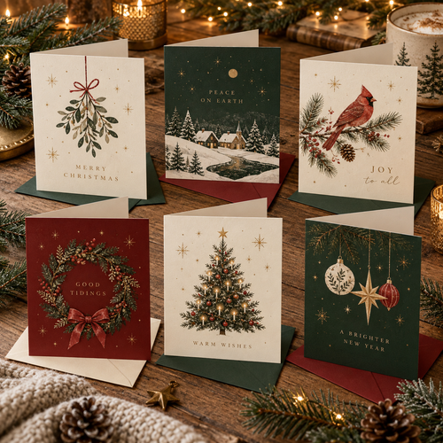 3D mockup of six printable Christmas cards and envelopes