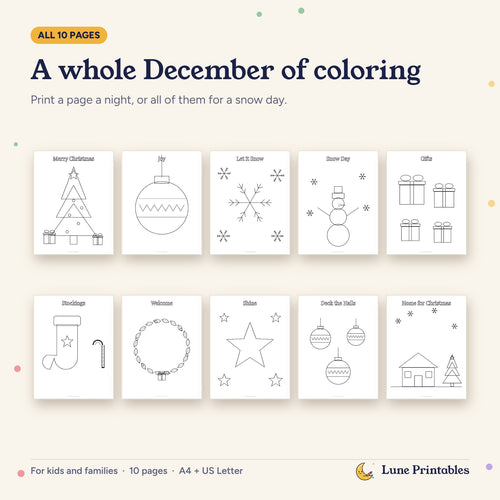 All 10 Christmas coloring pages, including a tree, snowman, stocking, gifts, wreath and a snowy house.