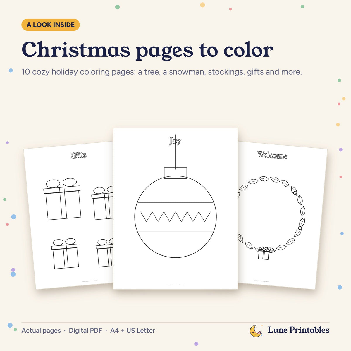 Actual Christmas coloring pages: a bauble, gifts and a wreath.