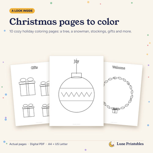 Actual Christmas coloring pages: a bauble, gifts and a wreath.