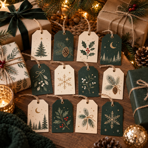 3D mockup of Lune Christmas gift tags on wrapped presents