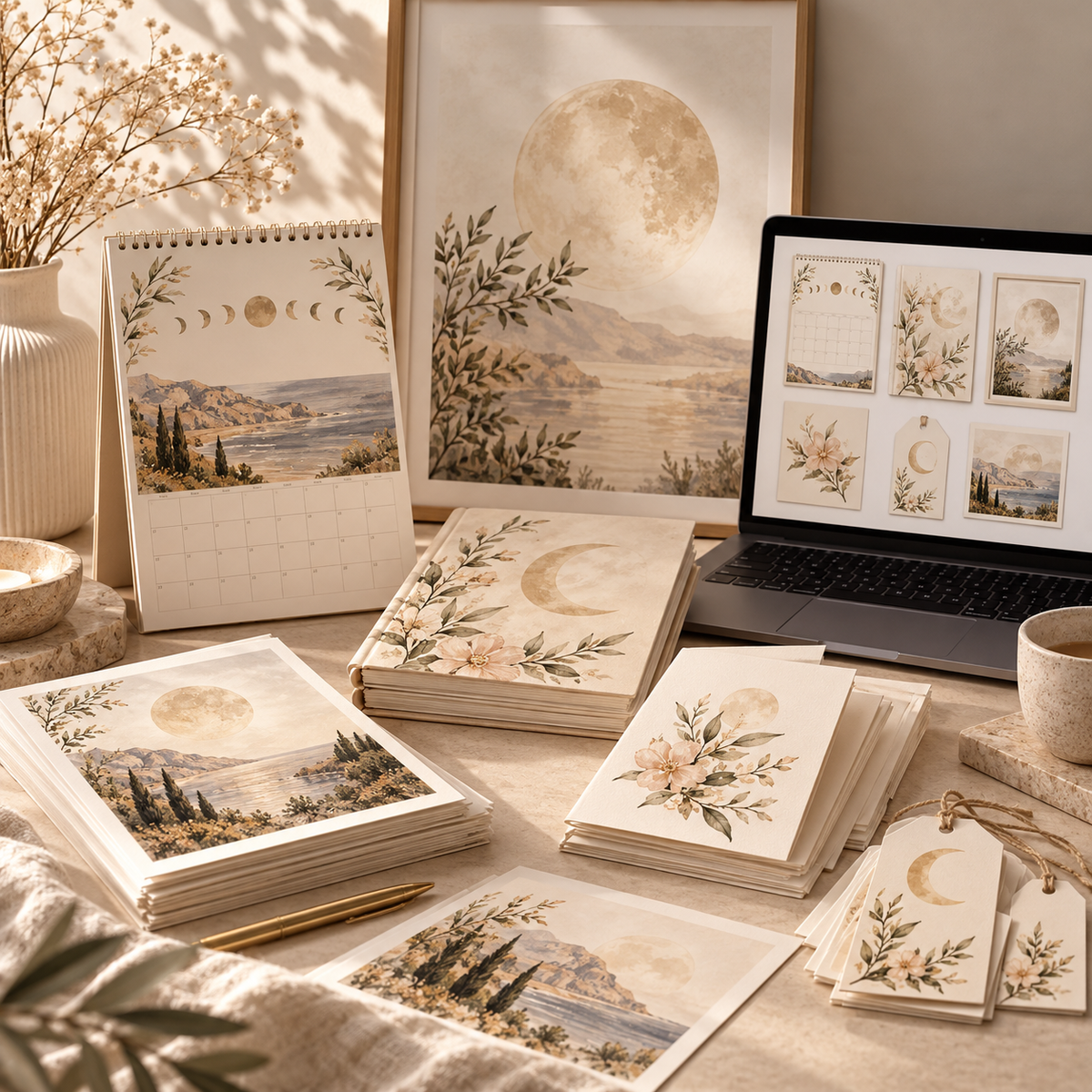 3D mockup of the complete Lune printable bundle arranged on a desk