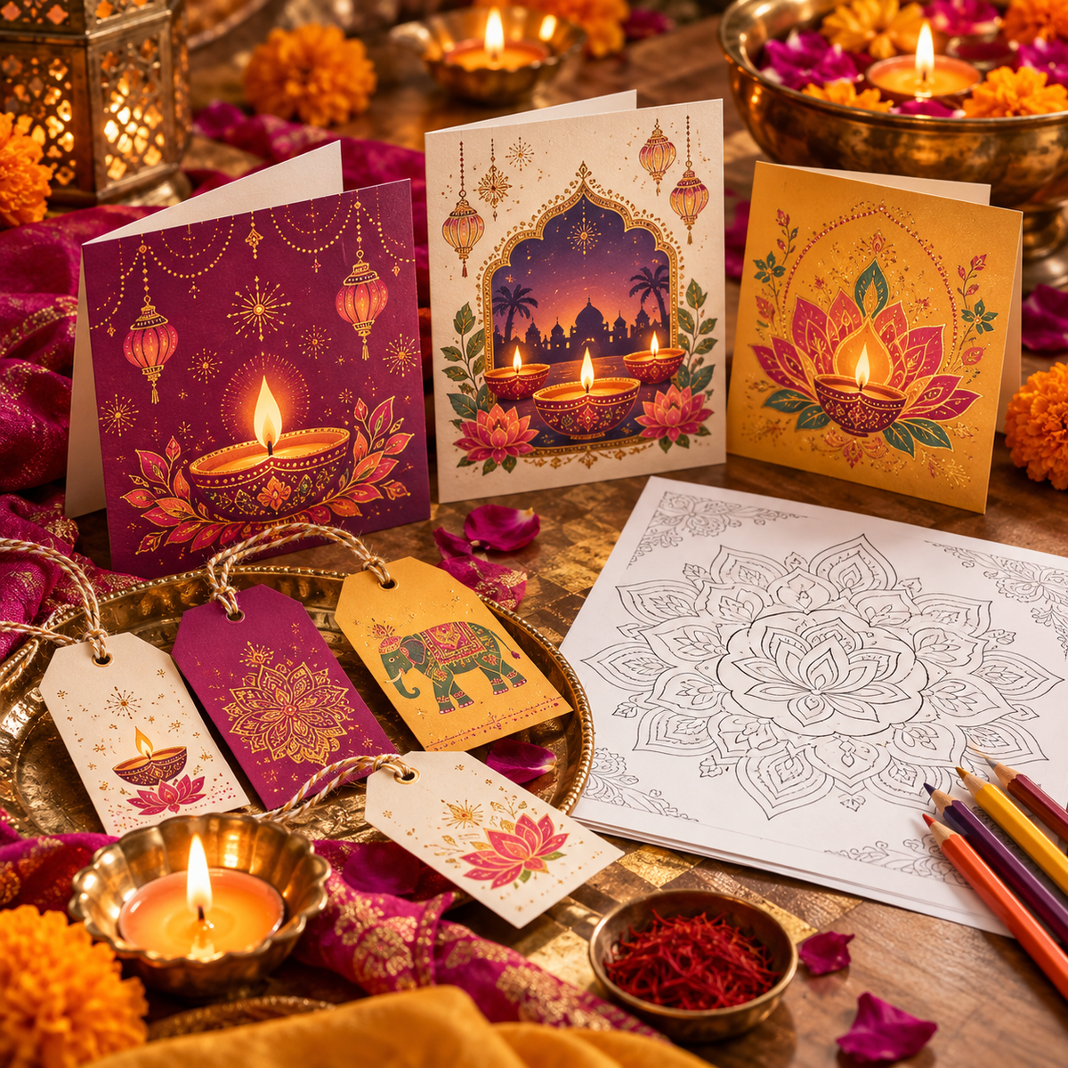 3D mockup of Diwali printable cards, gift tags and rangoli coloring page