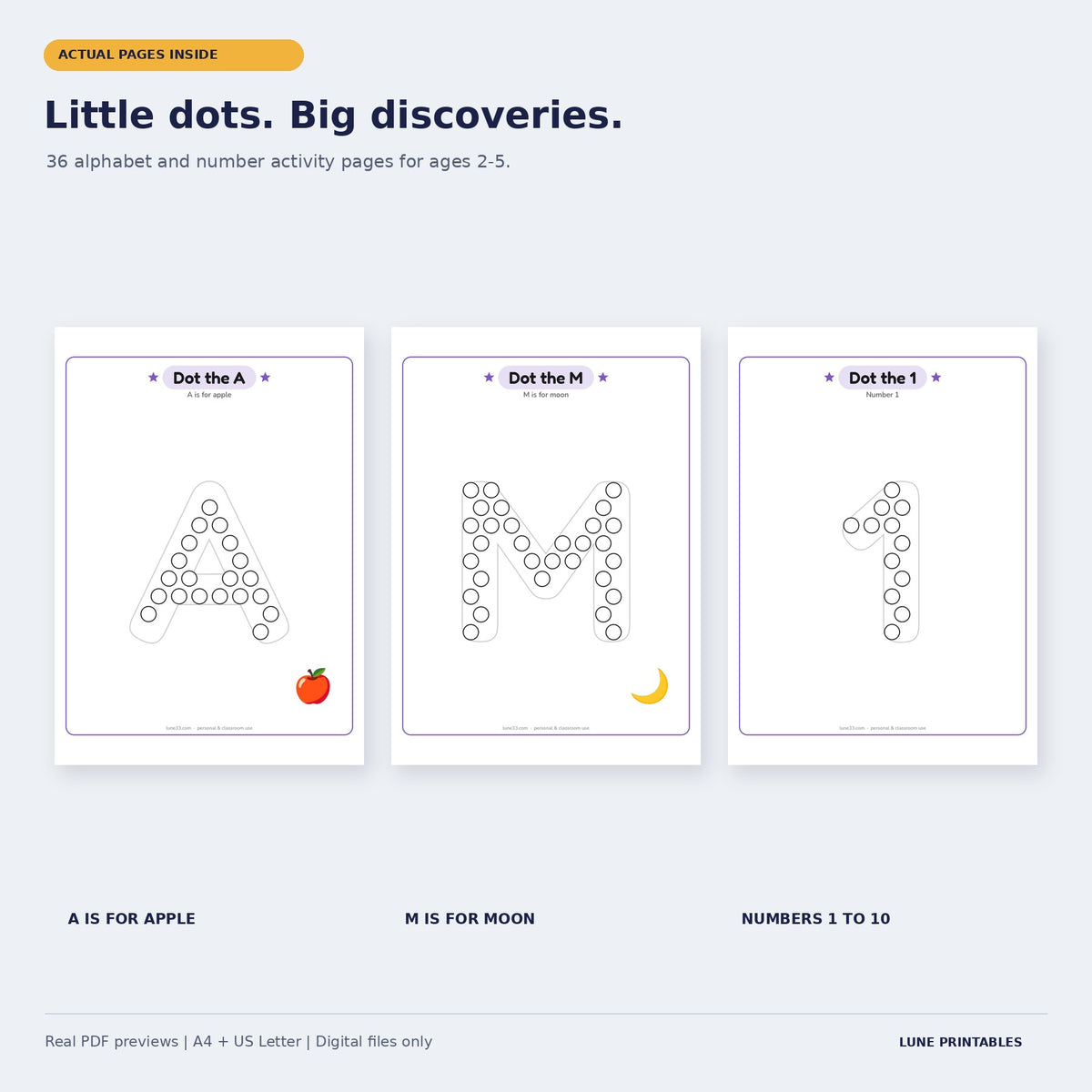 Actual A, M and number 1 worksheets from the Dot Marker ABC and 123 pack.