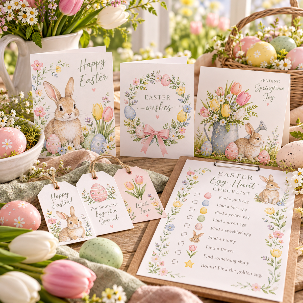 3D mockup of Easter printable cards, tags and egg hunt kit
