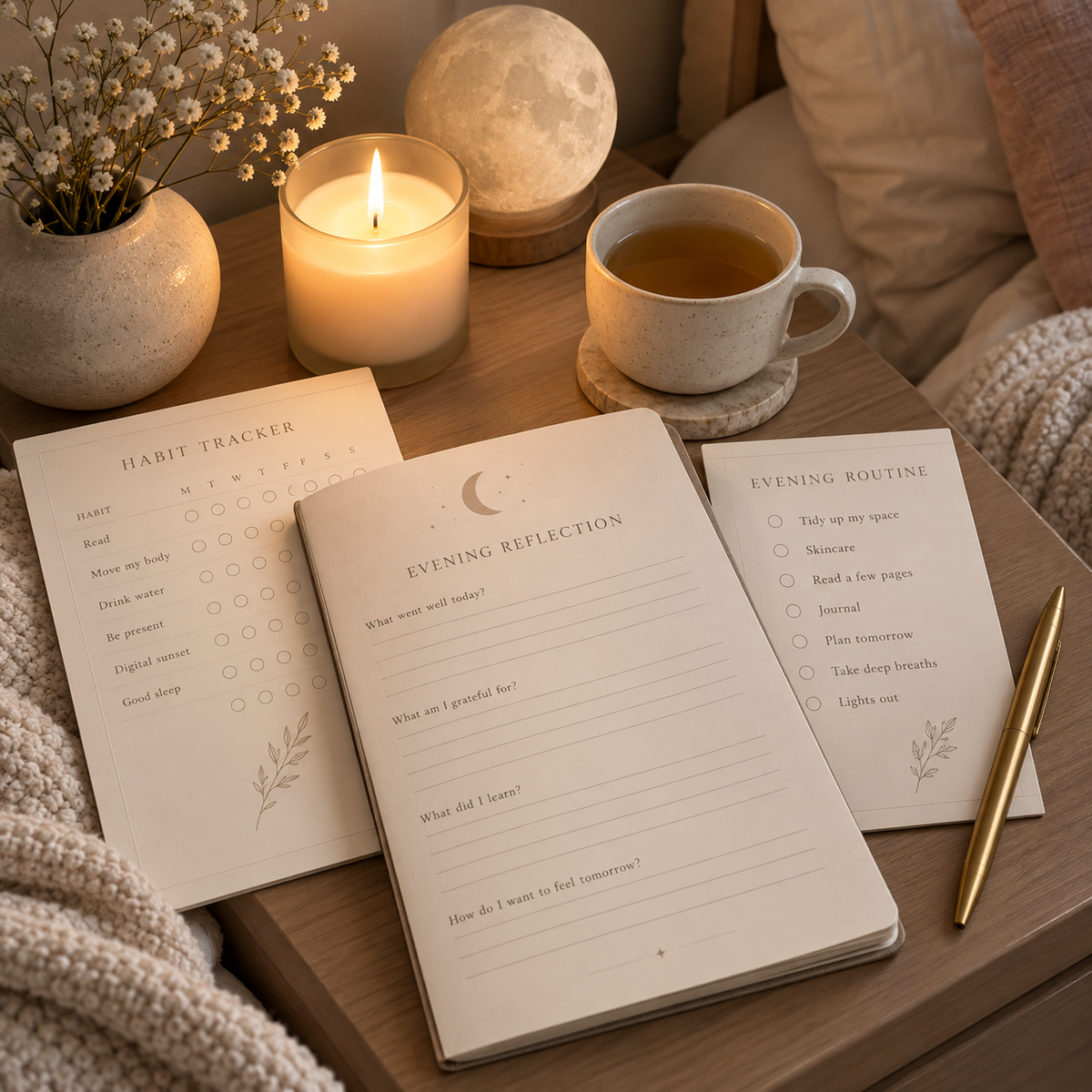 3D mockup of printable evening journal, routine and habit pages