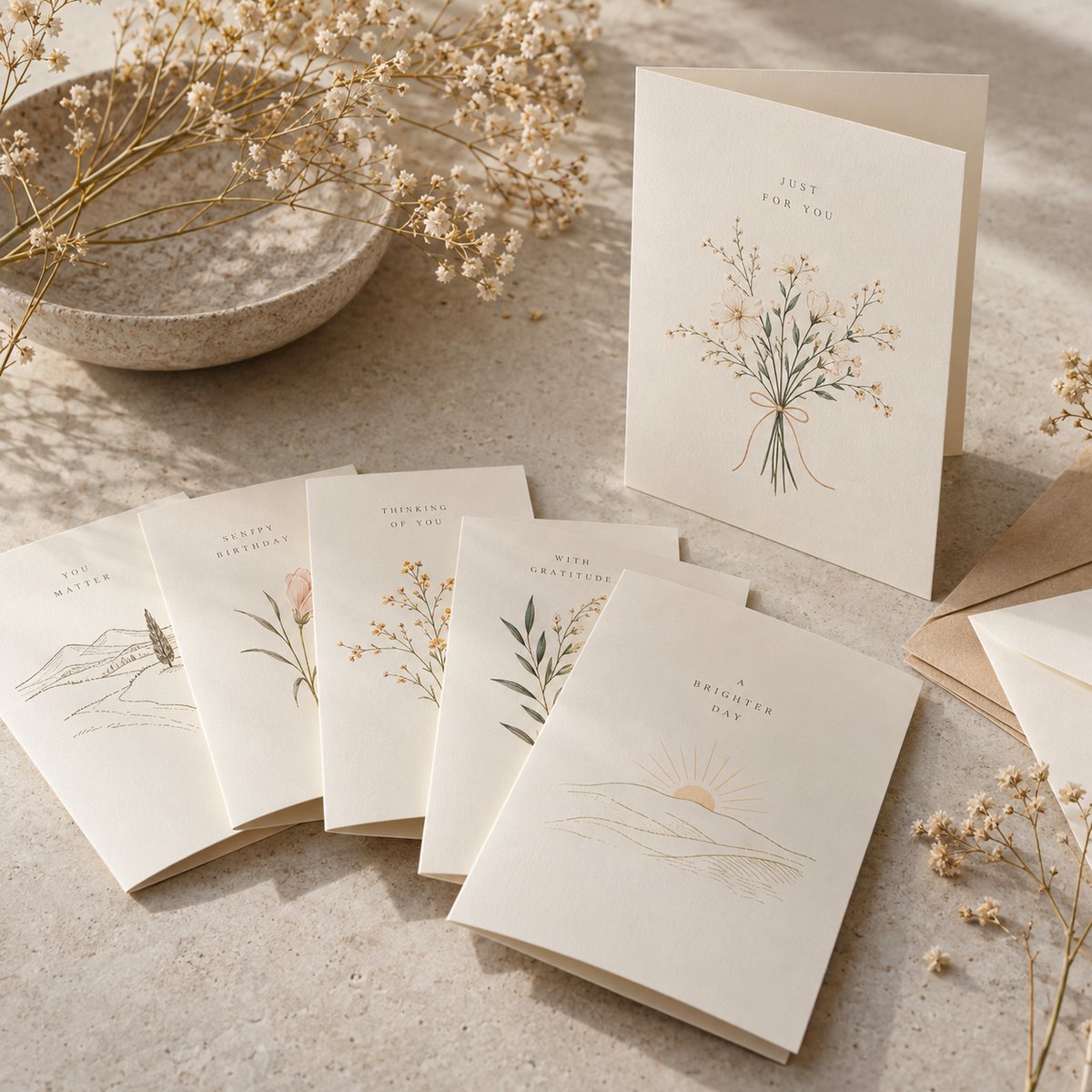 3D mockup of six Lune printable greeting cards with envelopes