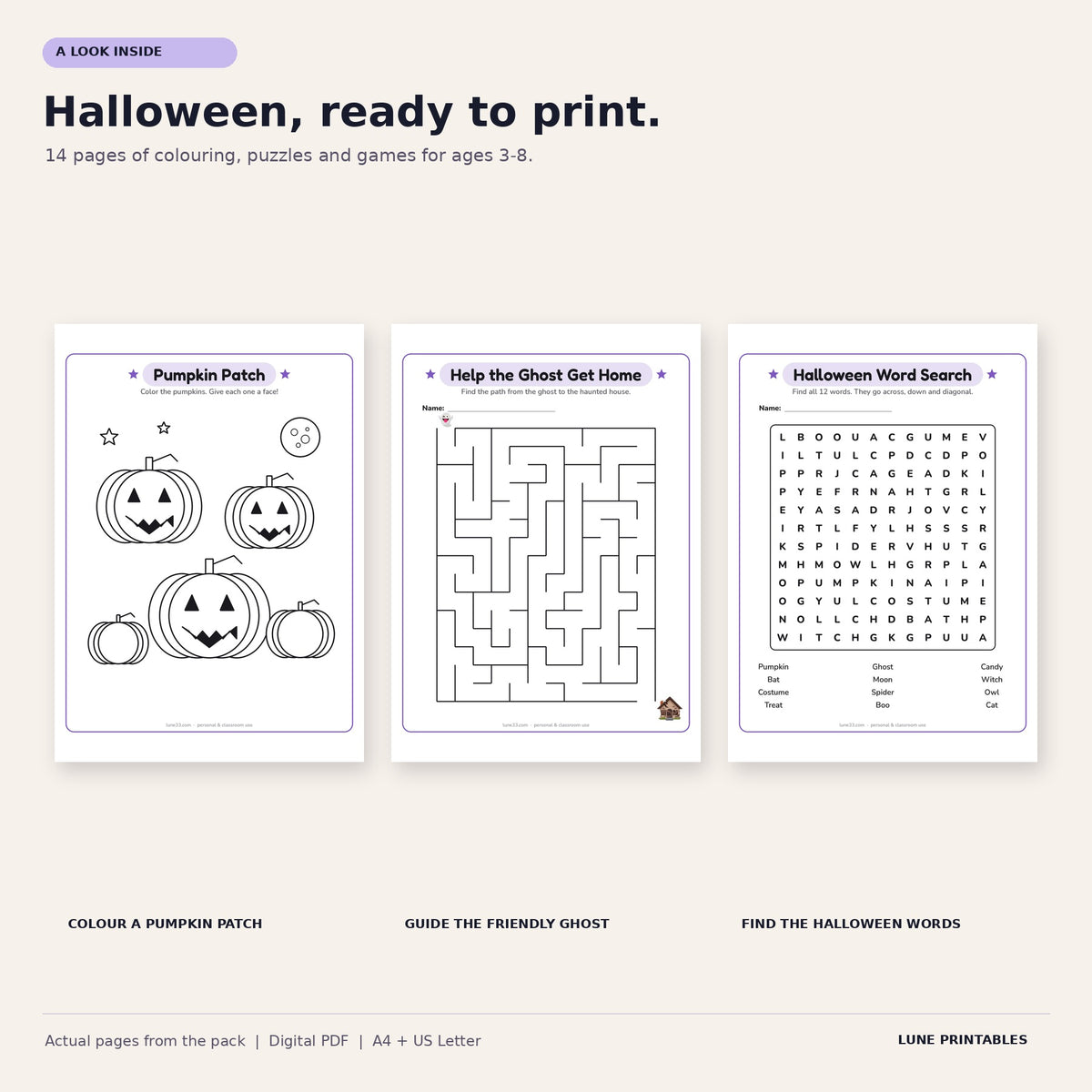 Actual Spooky Fun Pack pages showing pumpkin colouring, a friendly ghost maze and a Halloween word search. A4 and US Letter PDFs.
