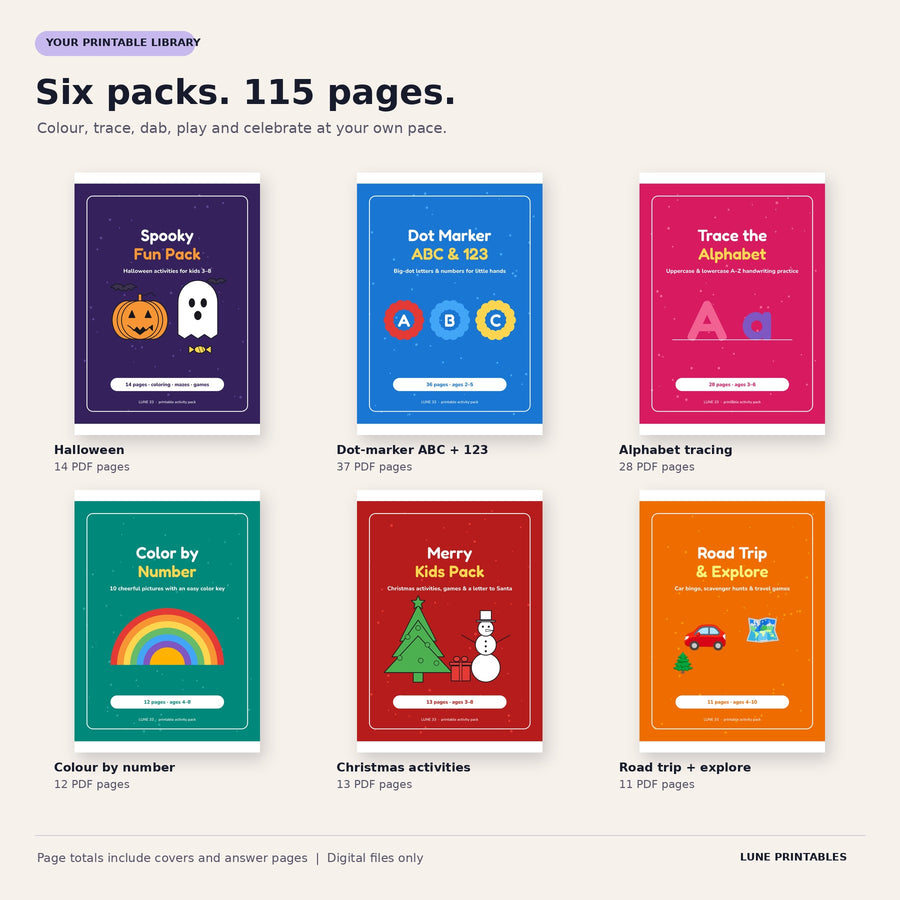 All six kids activity packs in the Mega Bundle
