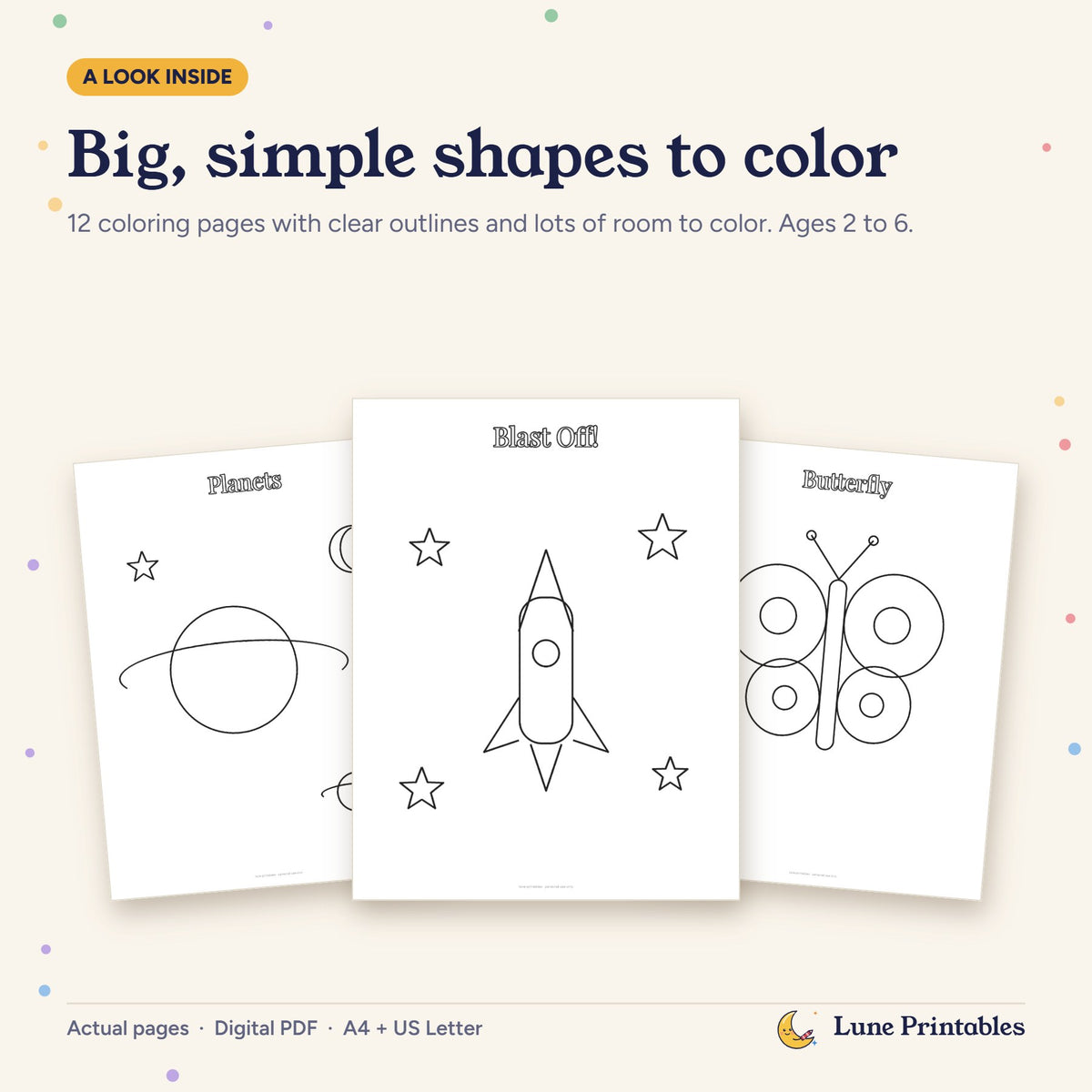 Actual kids coloring pages: Blast Off rocket, planets and butterfly.