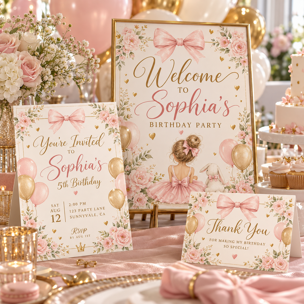 3D mockup of fillable birthday invitation, welcome sign and thank-you card
