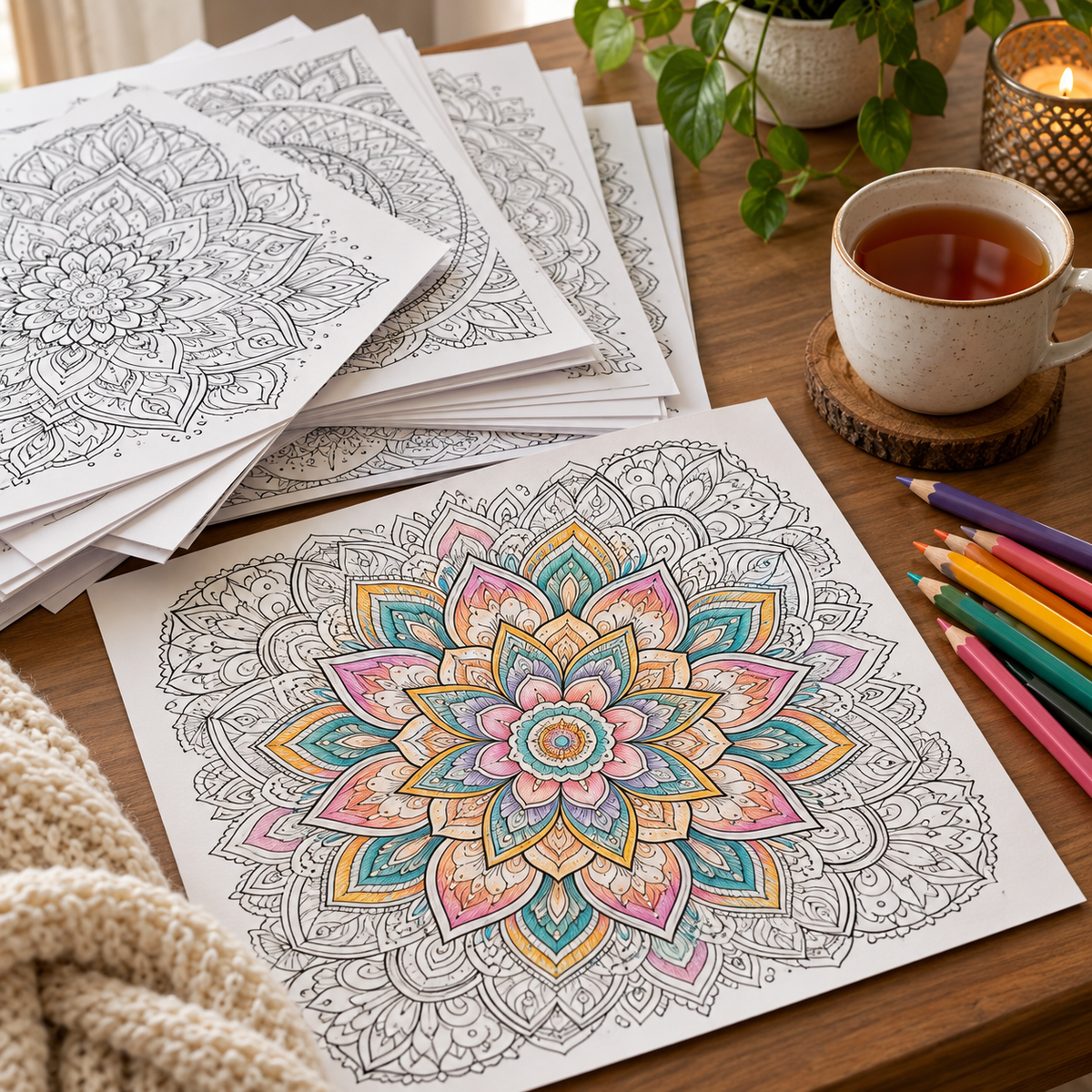 3D mockup of printable mandala coloring pages with colored pencils