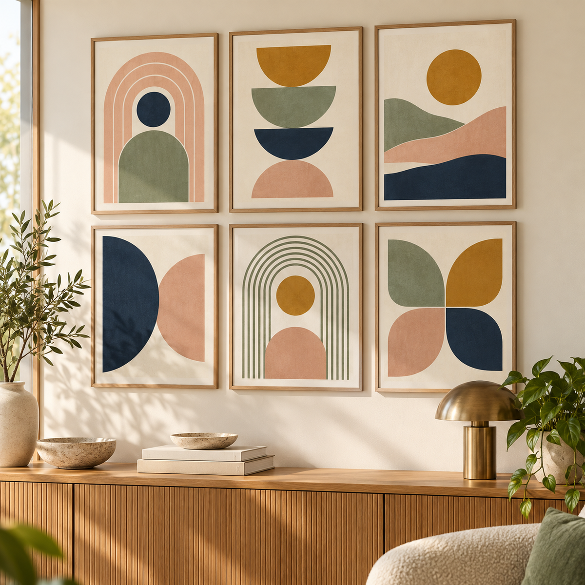 3D mockup of six printable mid-century abstract prints