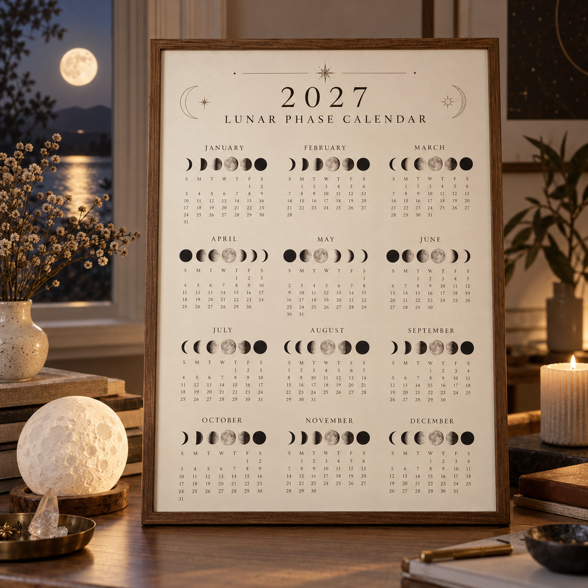 Framed 3D mockup of Lune's printable 2027 moon calendar