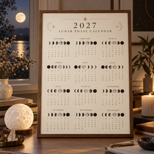Framed 3D mockup of Lune's printable 2027 moon calendar