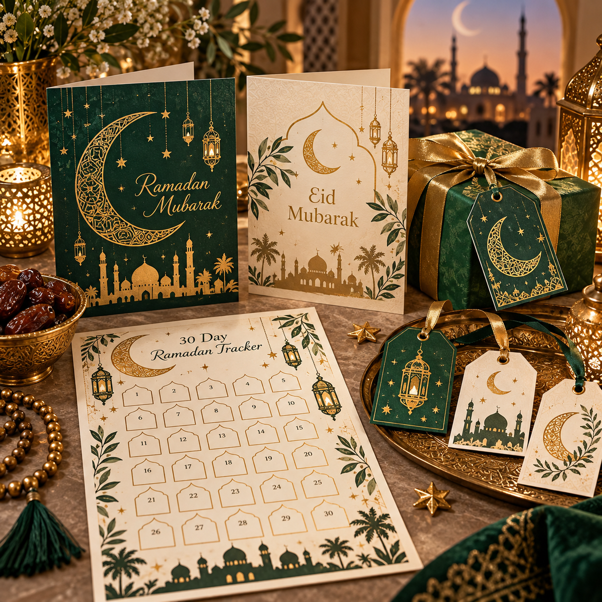 3D mockup of Ramadan and Eid printable cards, tags and tracker