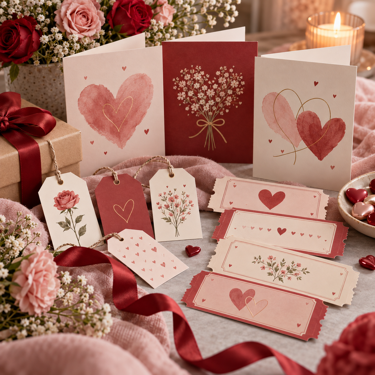 3D mockup of printable Valentine's cards, tags and love coupons