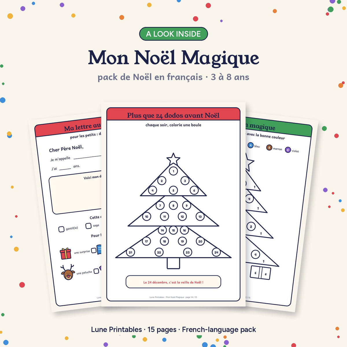 A look inside Mon Noël Magique: letter to Père Noël, 24-day countdown and color-by-number tree