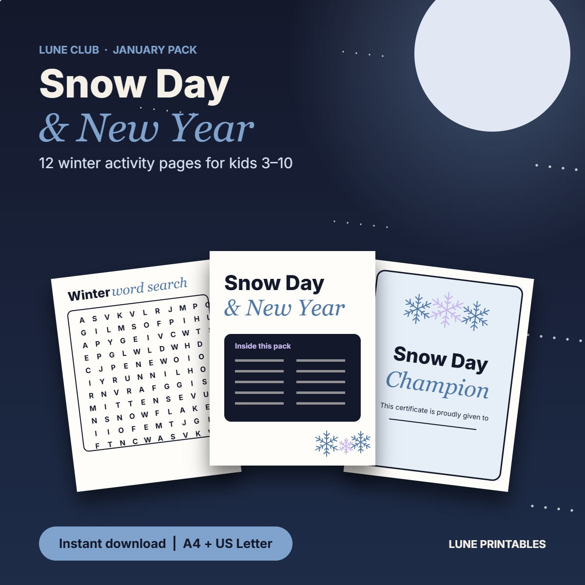 Pages from the January Lune Club pack, Snow Day and New Year: word search, certificate and cover