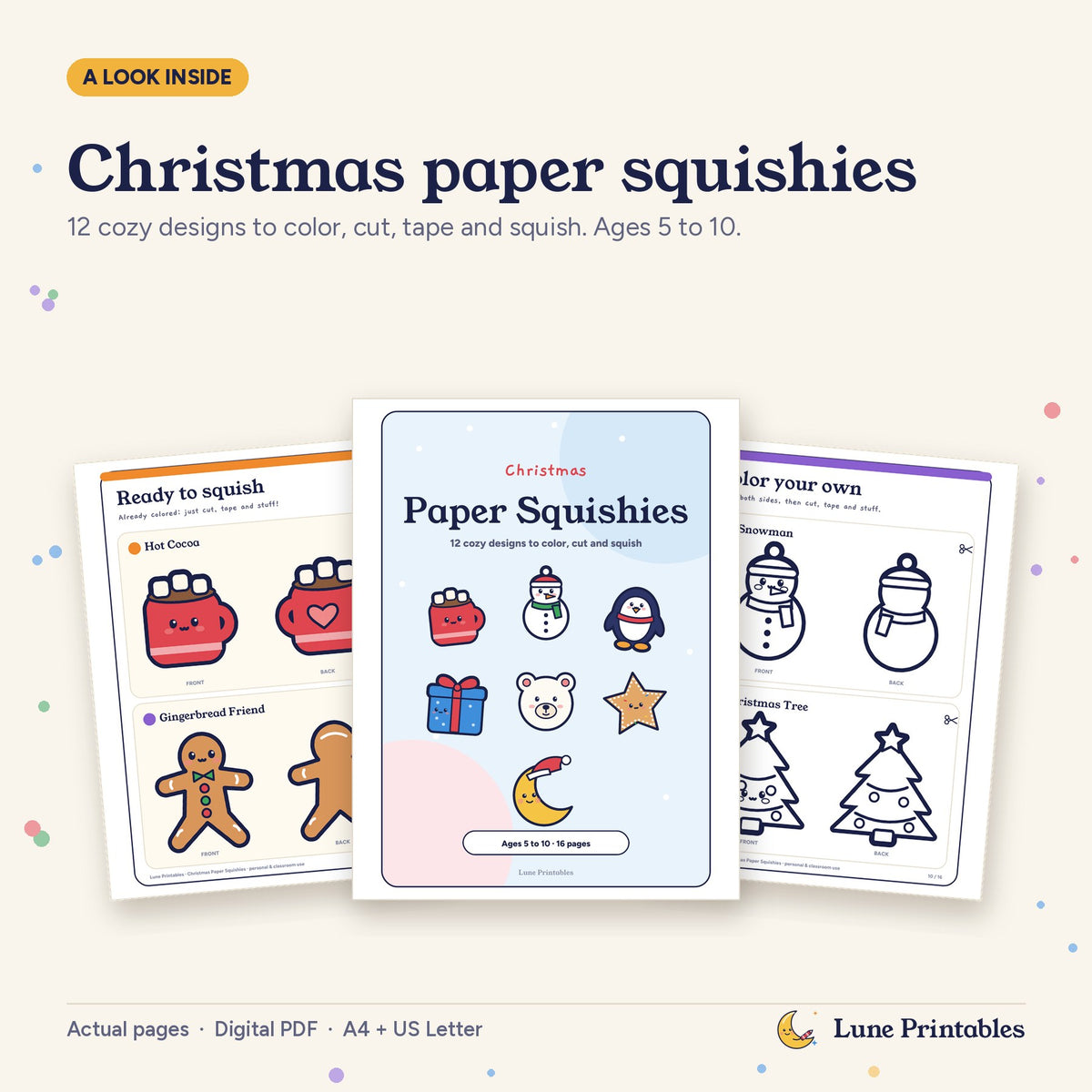 Christmas Paper Squishies overview showing the cover, colored templates and color-your-own templates.