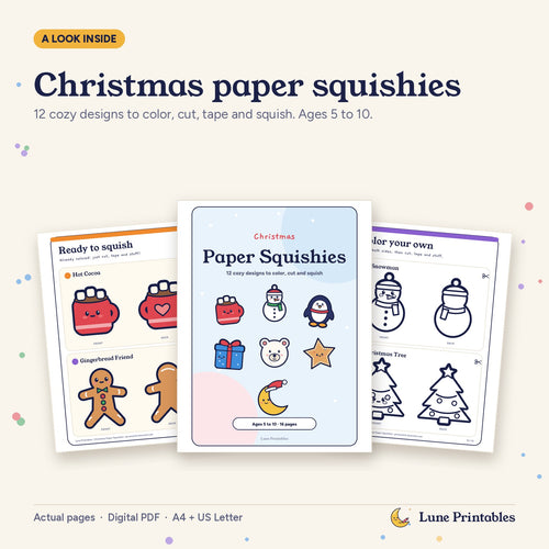 Christmas Paper Squishies overview showing the cover, colored templates and color-your-own templates.