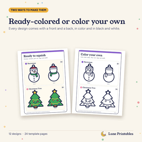 Two versions of the snowman and Christmas tree squishy templates: ready-colored and black-and-white, each with a front and back.