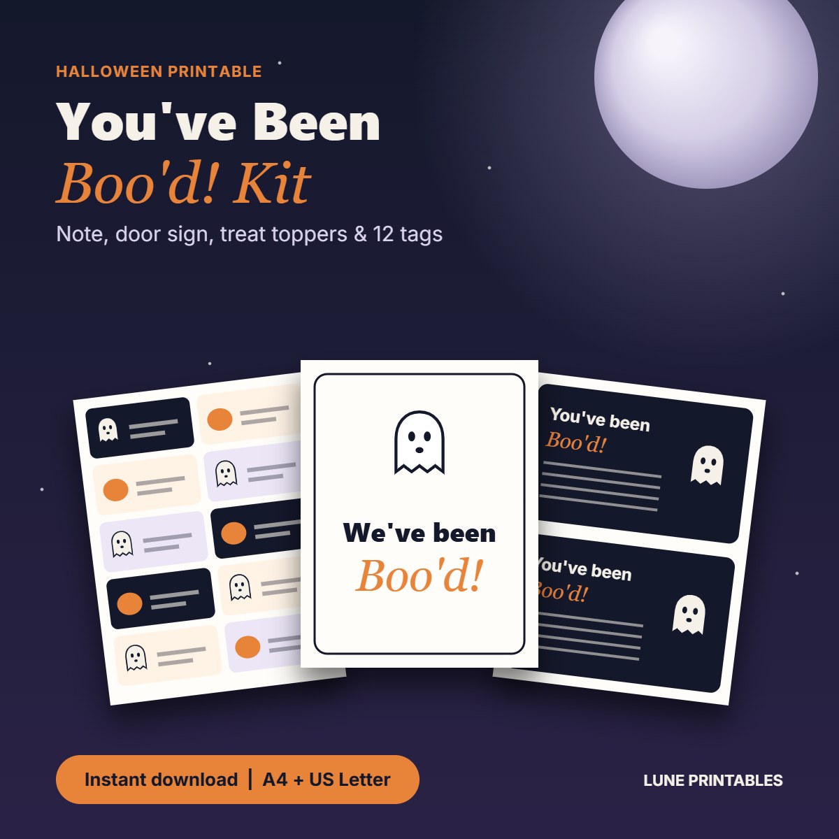 You've Been Boo'd printable kit pages: door sign with a ghost, Boo note and Halloween gift tags